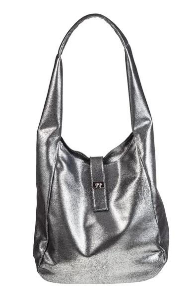 Geschlossene Handtasche Mit Breitem Griff Aus Weichem Silberfarbenem Leder Auf — Stockfoto