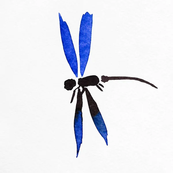 Szitakötő Kék Szárnyakkal Kézzel Rajzolt Akvarell Fehér Dombornyomású Papírra Sumi — Stock Fotó