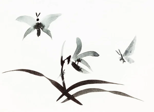Бабочки Летают Над Цветком Нарисованным Черной Акварелью Белой Бумаге Стиле — стоковое фото
