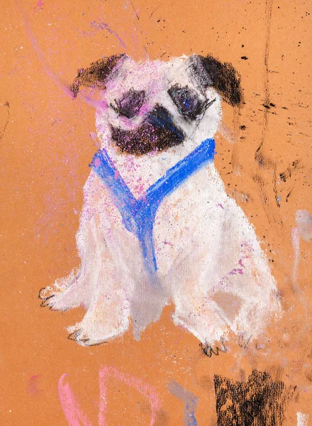 黑耳朵 蓝狗胸带 用蜡笔在褐色纸上手绘 — 图库照片