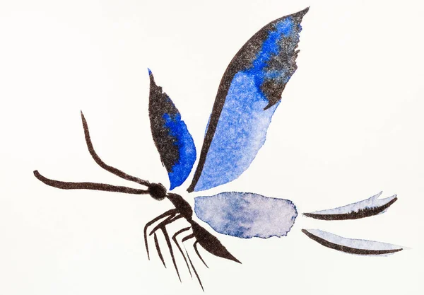 Бабочка Голубыми Крыльями Нарисованная Акварелью Кремово Белой Бумаге Стиле Суми — стоковое фото