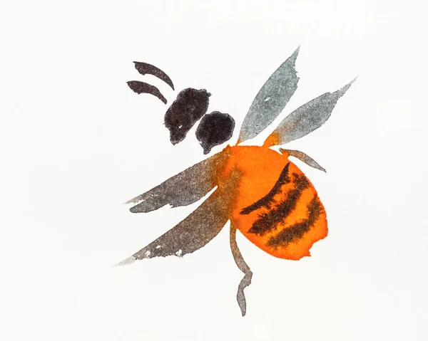 Orange Bee Hand Drawn Watercolors Creamy White Paper Sumi Suibokuga — Stock Photo, Image