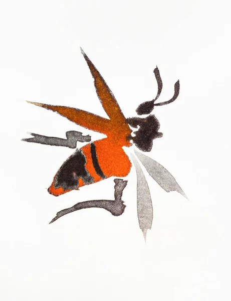 Orangefarbene Wespe Handgezeichnet Mit Aquarellen Auf Cremeweißem Papier Suibokuga Stil — Stockfoto