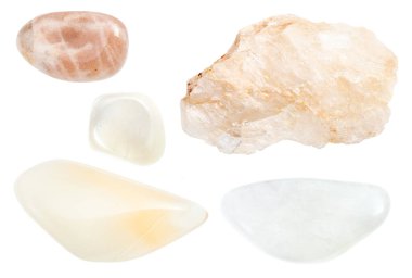 set of various moonstone gemstones isolated on white background clipart