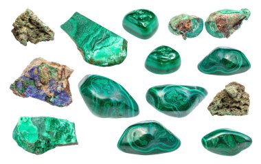 Beyaz zemin üzerinde izole edilmiş çeşitli Malachite değerli taşları.