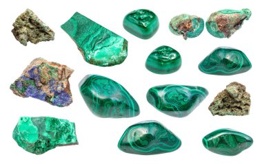 set of various Malachite gemstones isolated on white background clipart