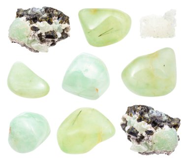 Beyaz arkaplanda izole edilmiş çeşitli Prehnite değerli taşları