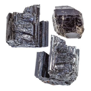 Beyaz arkaplanda izole edilmiş Schorl (siyah Tourmaline) kristalleri kümesi