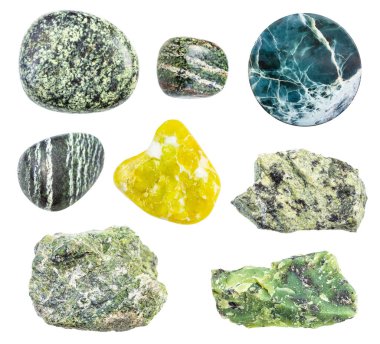 set of various serpentine and serpentinite gemstones isolated on white background clipart