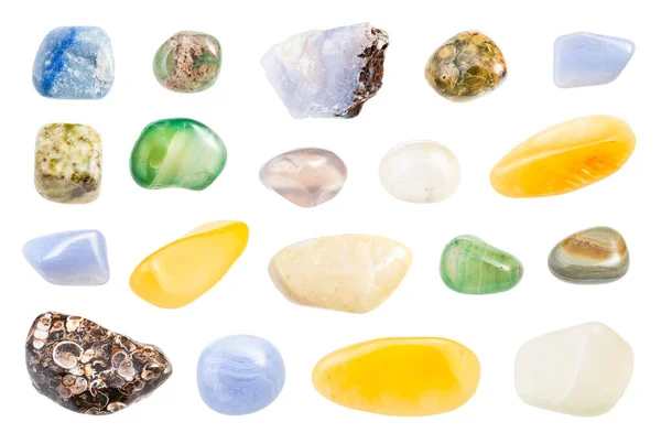 Uppsättning Olika Agate Ädelstenar Isolerad Vit Bakgrund — Stockfoto