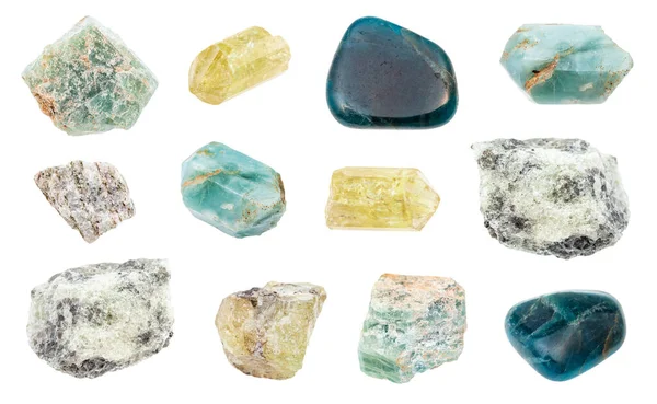 Set Varie Rocce Apatite Isolate Sfondo Bianco — Foto Stock