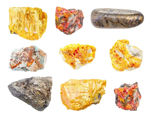 Conjunto Varios Minerales Arsénico Arsenopirita Ornato Realgar Escorodita Aislados Sobre —  Fotos de Stock