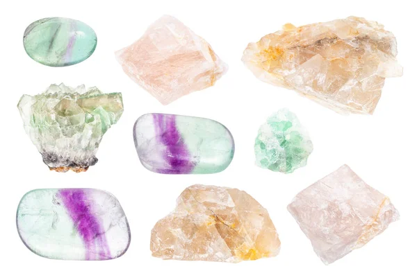 Conjunto Várias Pedras Preciosas Fluorite Espatoflúor Isoladas Sobre Fundo Branco — Fotografia de Stock