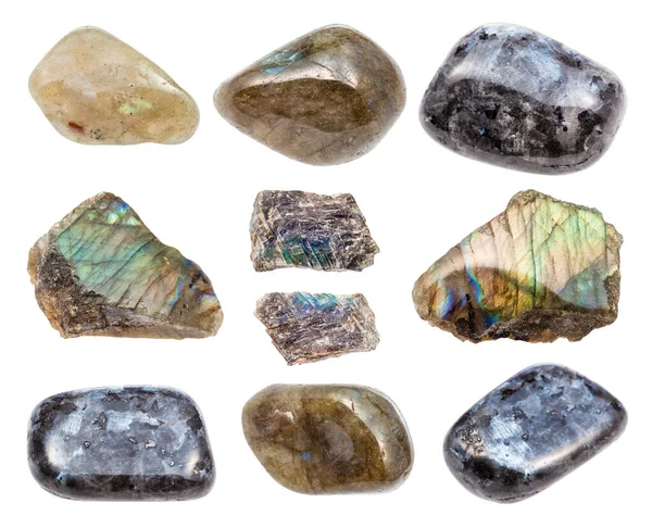 Készlet Különböző Labradorite Drágakövek Elszigetelt Fehér Alapon — Stock Fotó