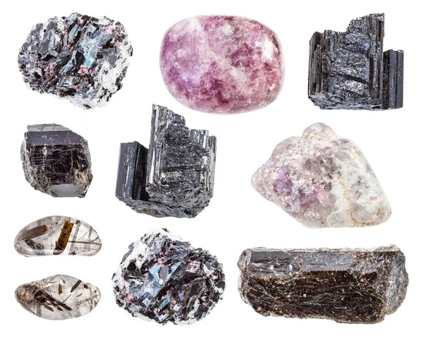 Uppsättning Olika Turmalin Mineraler Stenar Isolerade Vit Bakgrund — Stockfoto