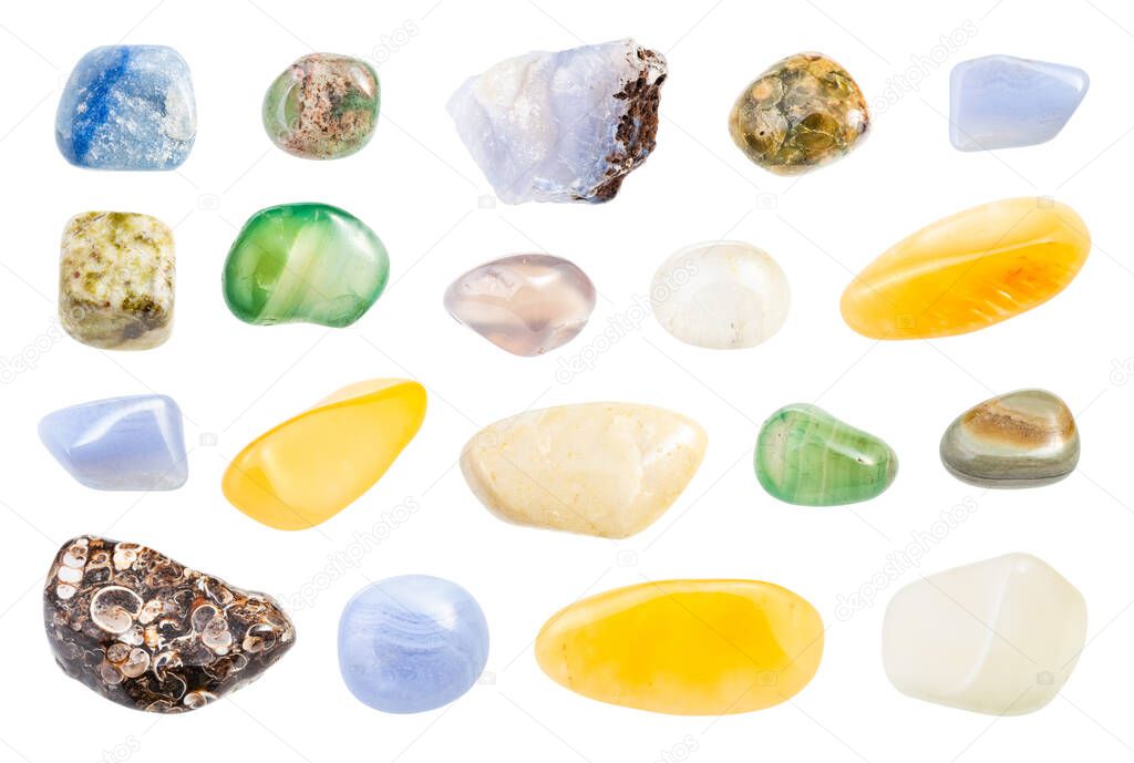 set of various Agate gemstones isolated on white background