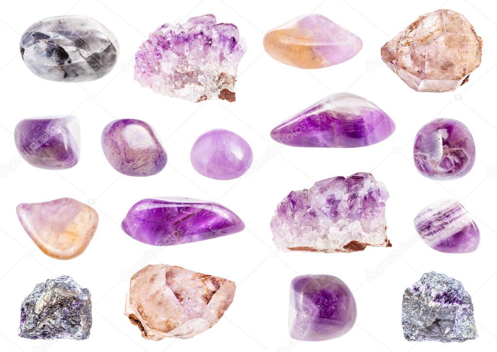 set of various Amethyst gemstones isolated on white background