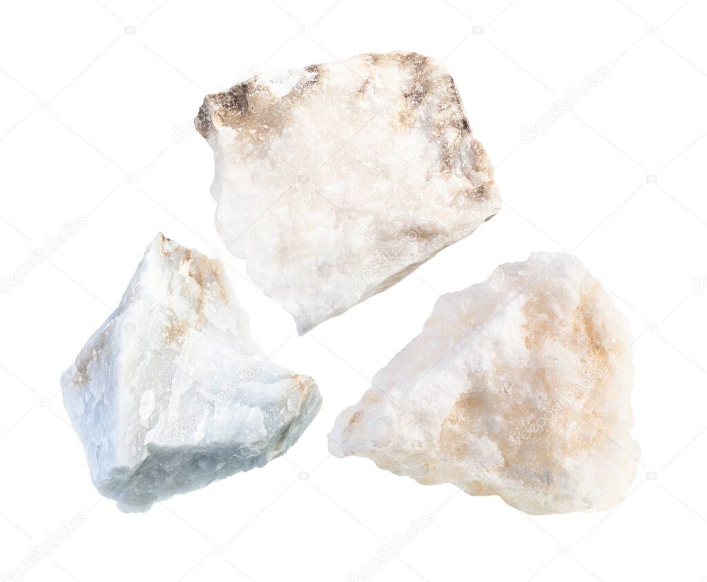 set of various Anhydrite rocks isolated on white background