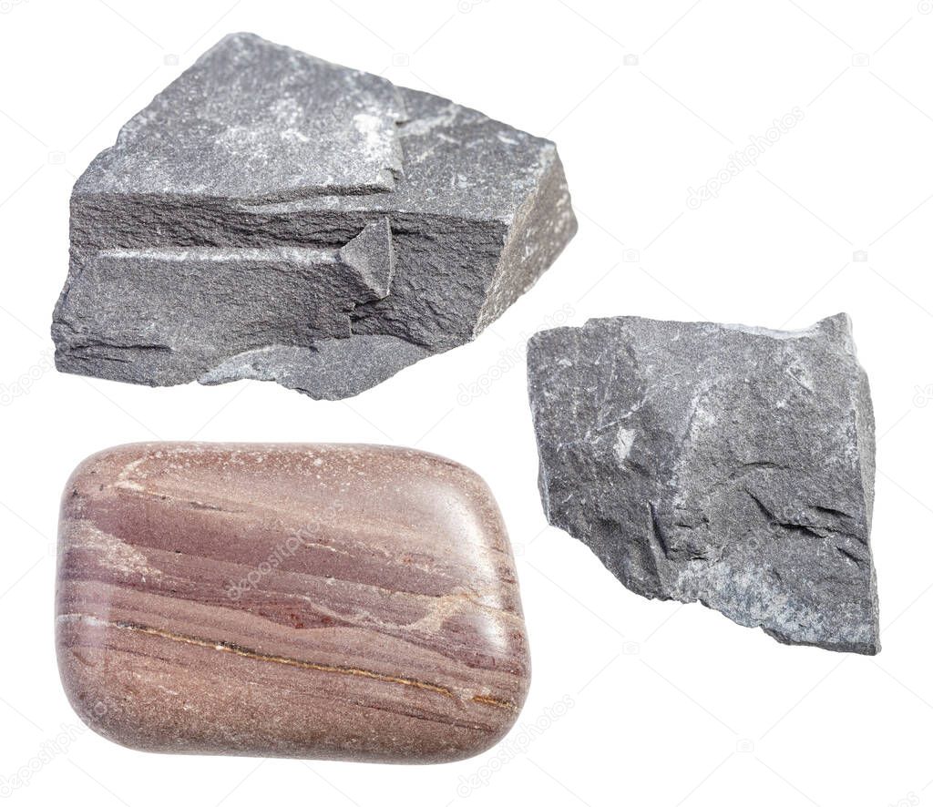 set of various Argillite rocks isolated on white background