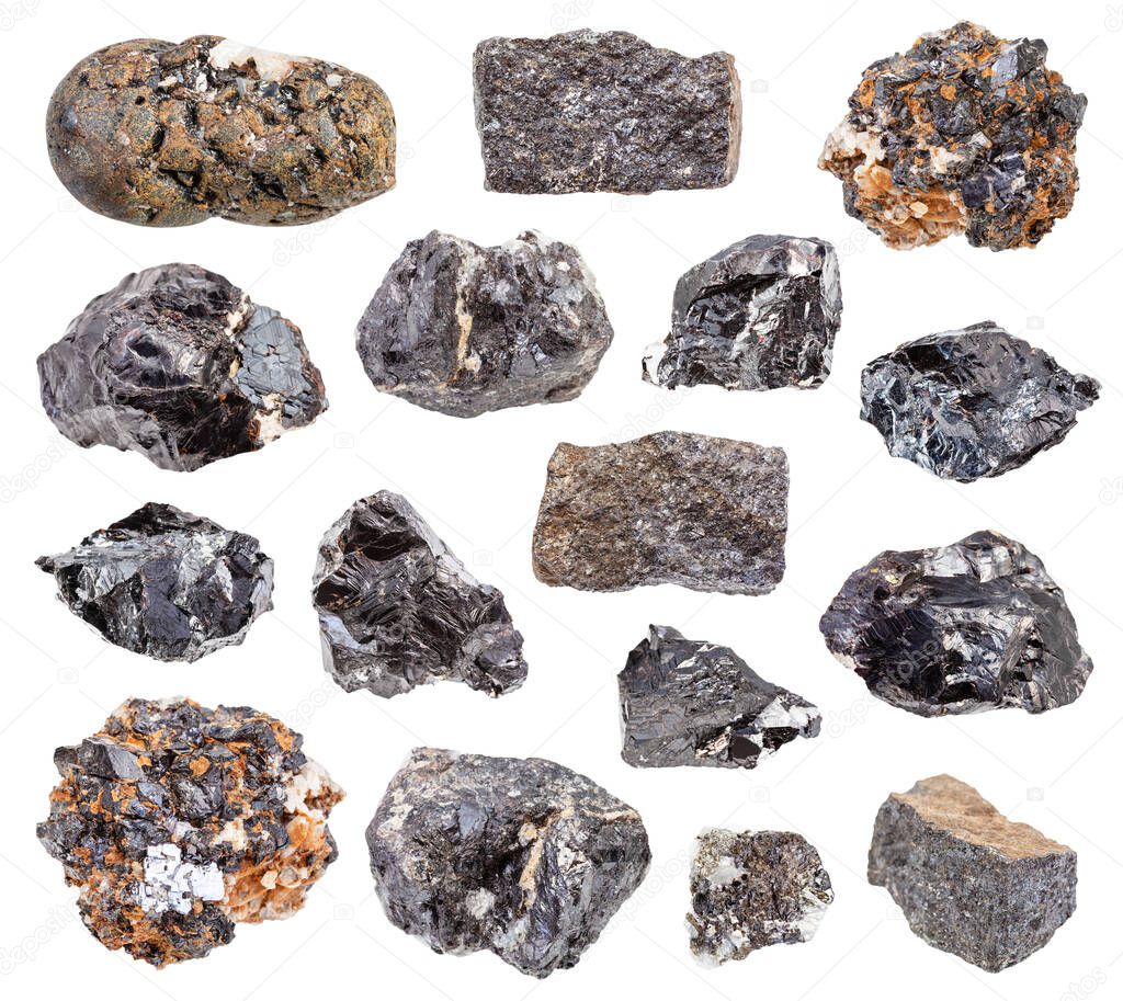 set of various Sphalerite (zink blende) rocks isolated on white background