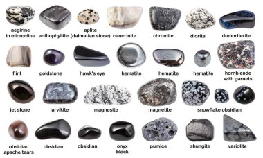set of various dark gemstones with names (magnesite, hematite, obsidian, magnetite, hornblende, shungite, , onyx, flint, diorite, chromite, anthophyllite, cancrinite, aegirine, etc) isolated on white clipart