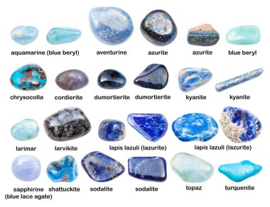 collage of various blue gemstones with names (shattuckite, kyanite, topaz, lazurite, turquenite, aquamarine, dumortierite, sodalite, larvikite, larimar, cordierite, azurite, etc) isolated on white clipart