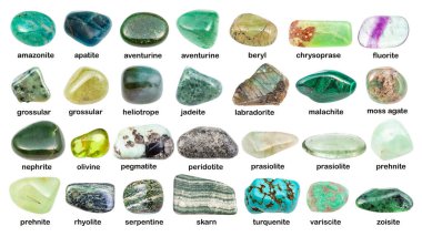 collage of various green gemstones with names (malachite, prehnite, chrysoprase, skarn, grossular, prasiolite, apatite, turquenite, bperidot, jadeite, nephrite, peridotite, etc) isolated on white clipart