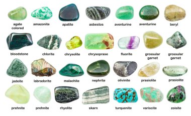 collection of various green gemstones with names (chlorite, malachite, prehnite, chrysoprase, skarn, aventurine, grossular, prasiolite, apatite, turquenite, jade, labradorite, etc) isolated on white clipart