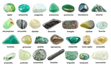 set of various green gemstones with names (chrysotile, chlorite, malachite, prehnite, chrysoprase, grossular, prasiolite, jadeite, labradorite, vesuvianite, serpentine, etc) isolated on white clipart