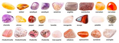 collection of various gemstones with names (kunzite, siltstone, aleurite, morganite, carnelian, petalite, quartz, aventurine, chalcedony, rhodonite, pyrite, amber, ametrine, etc) isolated on white clipart