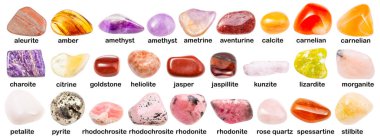 various gemstones with names ( aleurite, morganite, carnelian, rhodochrosite, rhodonite, pyrite, amethyst, aventurine, amber, ametrine, spessartine, sunstone, lizardite, etc) isolated on white clipart