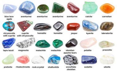 set of various polished stones with names (calcite, ulexite, magnesite, cuprite, chrysocolla, malachite, kyanite, shattuckite, obsidian, hematite, lazurite, sodalite, prasiolite etc) isolated on white clipart