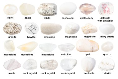 set of various white gemstones with names (ulexite, quartz, howlite, magnesite, natrolite, cacholong, opal, albite, scolecite, moonstone, agate, limestone, granite, dolomite, etc) isolated on white clipart