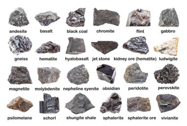 Beyaz üzerinde çeşitli koyu renkli cilalanmamış kayalar (kromit, sphalerit, manyetit, bazalt, nephelin sienit, molibdenit, obsidian, perovskite, hematit, çakmaktaş, peridotit, vb.