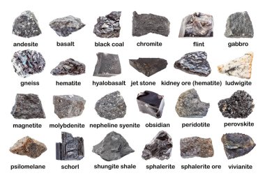 set of various dark unpolished rocks with names (chromite, sphalerite, magnetite, basalt, nepheline syenite, molybdenite, obsidian, perovskite, hematite, flint, peridotite, etc) isolated on white