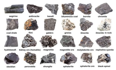 Çeşitli koyu renkli boyanmış taşlar (manyetit, bazalt, molybdenit, obsidian, sphalerite, perovskite, hematit, chromite, aegirine, shungite, ilmenite, spinel, vs.) beyaz üzerine izole edilmiştir.