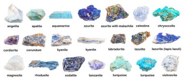 set of various blue unpolished rocks with names (chrysocolla, cordierite, apatite, turquoise, tanzanite, lazulite, aquamarine, azurite, kyanite, sodalite, lazurite, rhodusite, etc) isolated on white clipart