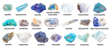 İsimleri olan çeşitli mavi renksiz taşlar (corundum, chrysocolla, iolite, apatit, turkuaz, tanzanite, lazulite, aquamarine, azurite, abradorite, kyanite, sodalite, vs.) beyaz üzerine izole edilmiştir.