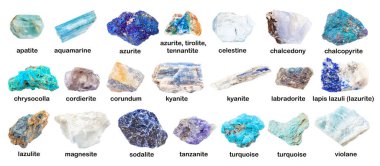 set of various blue unpolished stones with names (corundum, chrysocolla, iolite, apatite, turquoise, tanzanite, lazulite, aquamarine, azurite, abradorite, kyanite, sodalite, etc) isolated on white clipart