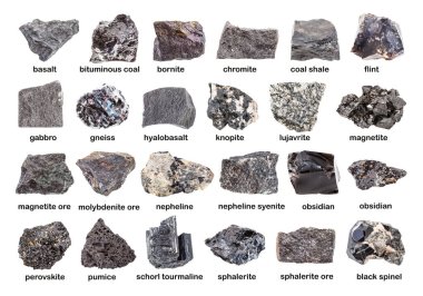 Çeşitli koyu renk cilalanmamış mineraller (chromite, sphalerite, magnetite, hyalobasalt, nepheline sienite, molybdenite, obsidian, knopite, perovskite, Flint, schorl, vs.) beyaz üzerine izole edilmiş.