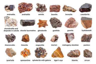 set of various brown unpolished stones with names (bauxite, mahogany obsidian, bronzite, andradite, spessartine, titanite, zircon, cassiterite, axinite, ilmenorutile, goethite, etc) isolated on white clipart