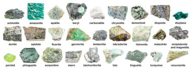 İsimli çeşitli yeşil kaba taşlar (labradorit, chrysotile, fluorite, tinguaite, phonolite, carbonatite, apatite, glaucophane, skarn, kimberlite, demantoid, dioptase, vs.) beyaz üzerine izole edilmiştir.
