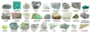 set of various green rough stones with names (labradorite, chrysotile, fluorite, tinguaite, phonolite, carbonatite, apatite, glaucophane, skarn, kimberlite, demantoid, dioptase, etc) isolated on white clipart