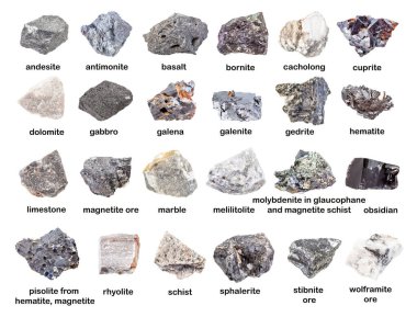set of various gray unpolished stones with names (galenite, hematite, pisolite, sphalerite, cuprite, marble, cacholong, gedrite, basalt, schist, limestone, rhyolite, dolomite, etc) isolated on white clipart