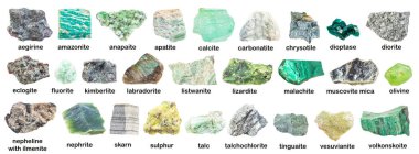 set of various green rough minerals with names (eclogite, anapaite, tamanite, calcite, fluorite, volkonskoite, muscovite, mica, aegirine, lizardite, vesuvianite, listvenite, etc) isolated on white clipart