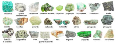 İsimleri (clinochlore, apatite, phonolite, carbonatite, talc, skarn, peridot, variscite, chrysopal, chrysoprase, chrysoprase, chromian diopside, vs.) olan çeşitli yeşil mineraller kümesi beyaz üzerine izole edilmiştir.