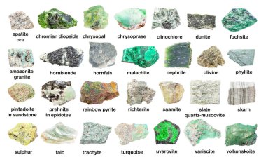 Çeşitli yeşil parlaklaştırılmamış taşlar (variscite, turkuaz, saamite, richterite, pintadoite, pyrite, fuchsite, trachyte, phyllite, uvarovite, volkonskoite, dunite, vs.) beyaz üzerine izole edilmiştir.