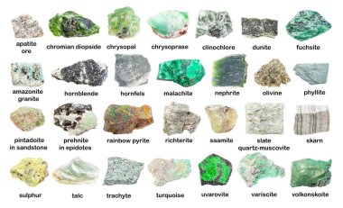 set of various green unpolished stones with names (variscite, turquoise, saamite, richterite, pintadoite, pyrite, fuchsite, trachyte, phyllite, uvarovite, volkonskoite, dunite, etc) isolated on white clipart