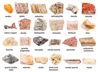 İsimleri olan çeşitli cilalanmamış mineraller (delhayelite, bakır, çakmaktaşı, selenit, kahverengi, dacite, dolomite, kum taşı, kuartzite, baryte, hematit, astrophyllite, Amber, vs.) beyaz üzerine izole edilmiştir.