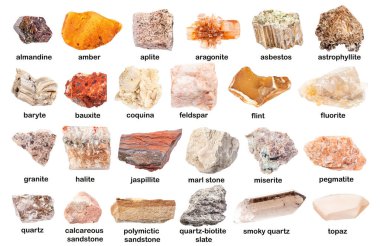 set of various unpolished stones with names (asbestos, fluorite, aplite, smoky quartz, feldspar, bauxite, astrophyllite, baryte, quartz-biotite slate, coquina, sandstone, marl, etc) isolated on white clipart